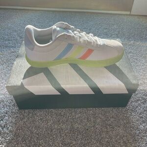 adidas White Sneaker with Pastel Blue, Yellow & Coral Stripes